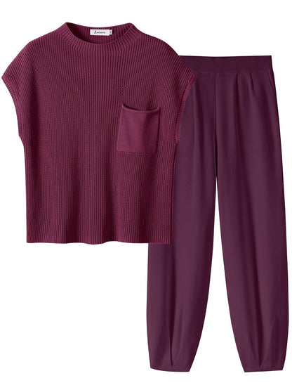 ANRABESS Women's Two Piece Outfits Knit Sweater Vest Crop Top Pants Lounge Matching Tracksuit Sweatsuit Travel Clothes Sets Pink X-Small