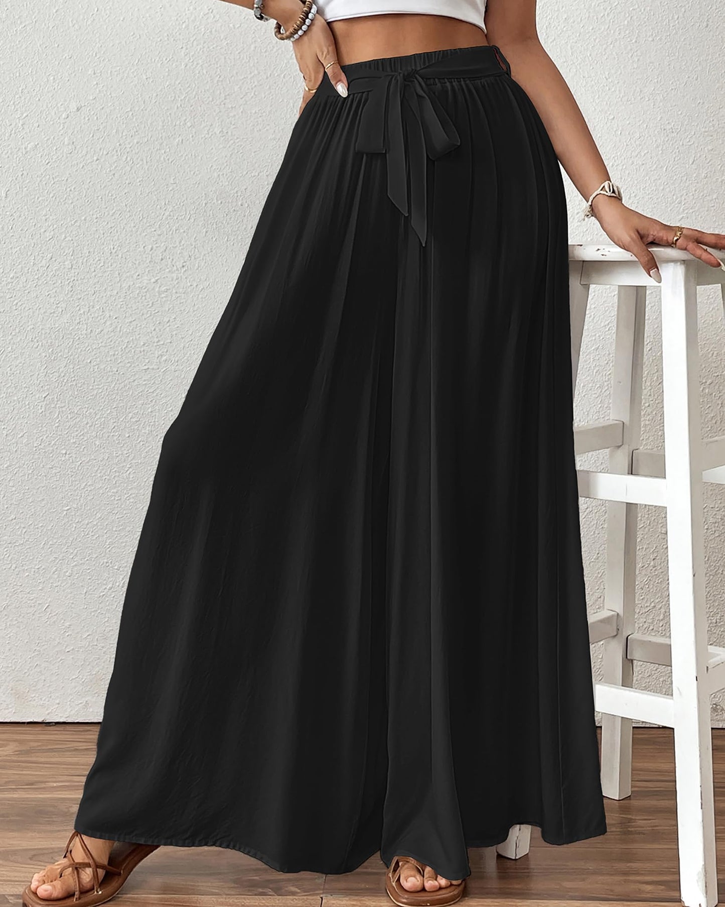 Bsubseach Wide Leg Pants Woman Flowy Floral Palazzo Pants for Women High Waisted Summer Casual Trousers Cruise Outfits Dark Green XS
