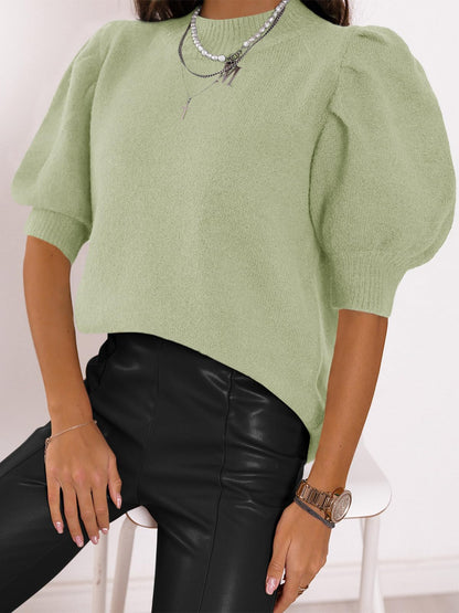 Women's Puff Short Sleeve Sweater Tops 2025 Spring Summer Trendy Crew Neck Casual T Shirts Blouses Beige