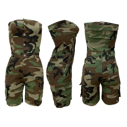 Unybwonn Women's Sexy off Shoulder Tube Denim Cargo Jumpsuits Corset Y2k Jean Shorts Rompers Overalls
