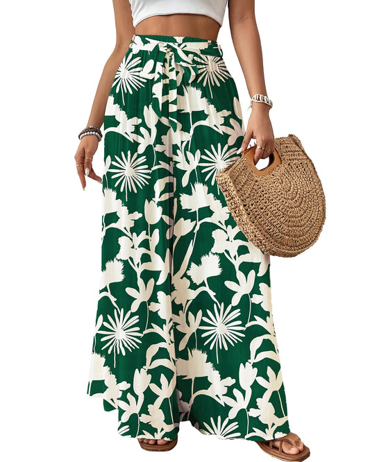 Bsubseach Wide Leg Pants Woman Flowy Floral Palazzo Pants for Women High Waisted Summer Casual Trousers Cruise Outfits Dark Green XS