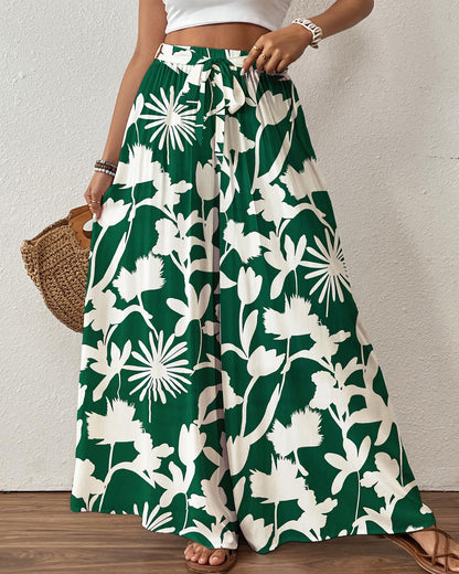 Bsubseach Wide Leg Pants Woman Flowy Floral Palazzo Pants for Women High Waisted Summer Casual Trousers Cruise Outfits Dark Green XS