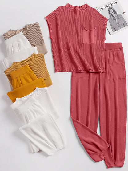 ANRABESS Women's Two Piece Outfits Knit Sweater Vest Crop Top Pants Lounge Matching Tracksuit Sweatsuit Travel Clothes Sets Pink X-Small