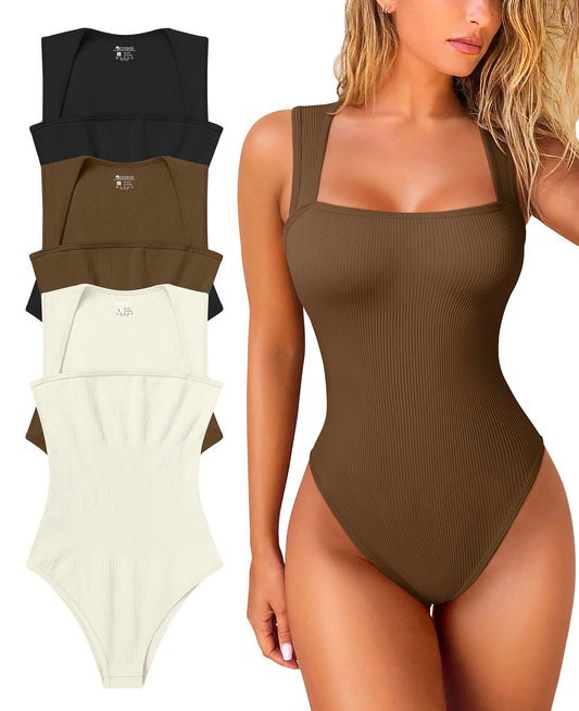 OQQ Women's 3 Piece Bodysuits Sexy Ribbed Strappy Square Neck Sleeveless Tummy Control Tank Tops Bodysuits Black Coffee Beige
