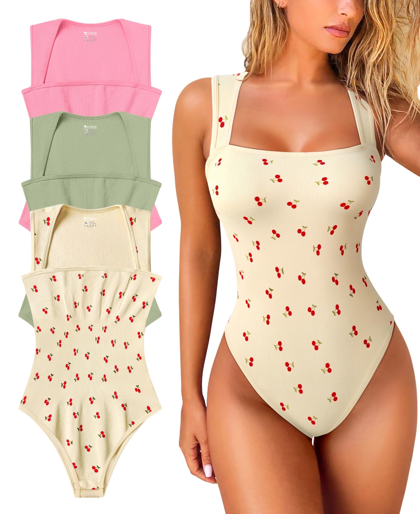 OQQ Women's 3 Piece Bodysuits Sexy Ribbed Strappy Square Neck Sleeveless Tummy Control Tank Tops Bodysuits Black Coffee Beige