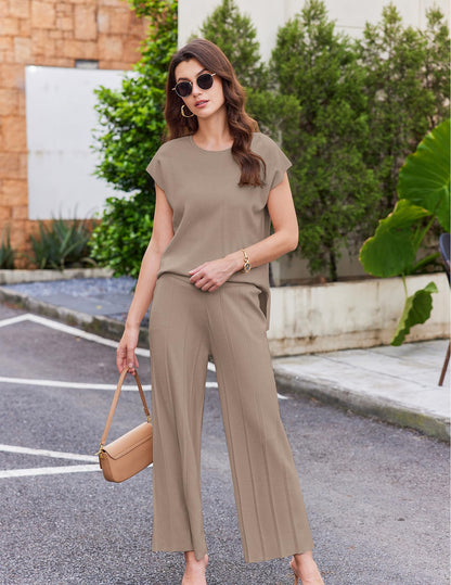 Ekouaer Lounge Sets for Women Two Piece Outfits Knit Cap Sleeve Tops Wide Leg Pleated Pants Casual Dressy Sweater Sets Beige
