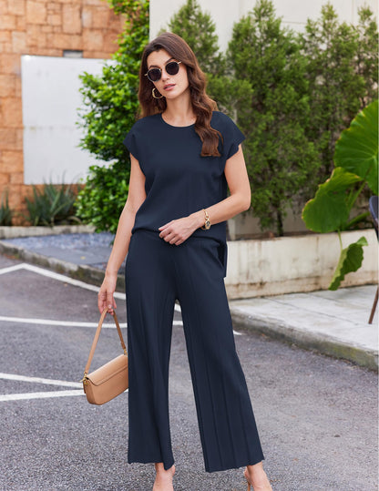 Ekouaer Lounge Sets for Women Two Piece Outfits Knit Cap Sleeve Tops Wide Leg Pleated Pants Casual Dressy Sweater Sets Beige