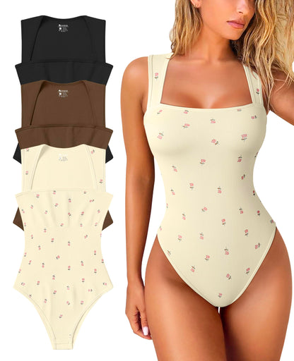 OQQ Women's 3 Piece Bodysuits Sexy Ribbed Strappy Square Neck Sleeveless Tummy Control Tank Tops Bodysuits Black Coffee Beige
