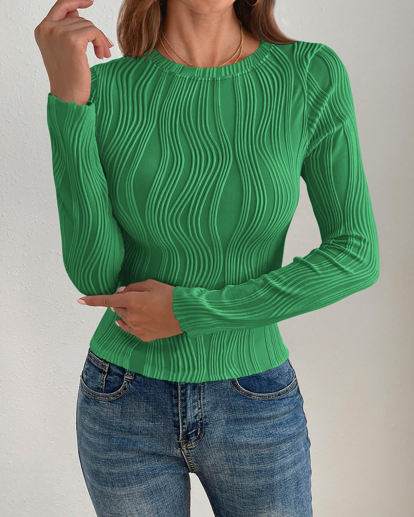 PRETTYGARDEN Women's Tops 2025 Spring Fashion Long Sleeve Crewneck Blouses Slim Fit Shirts Textured Knit Basic T Shirts(Khaki,Large)