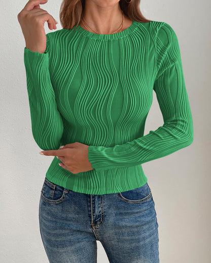 PRETTYGARDEN Women's Tops 2025 Spring Fashion Long Sleeve Crewneck Blouses Slim Fit Shirts Textured Knit Basic T Shirts(Khaki,Large)