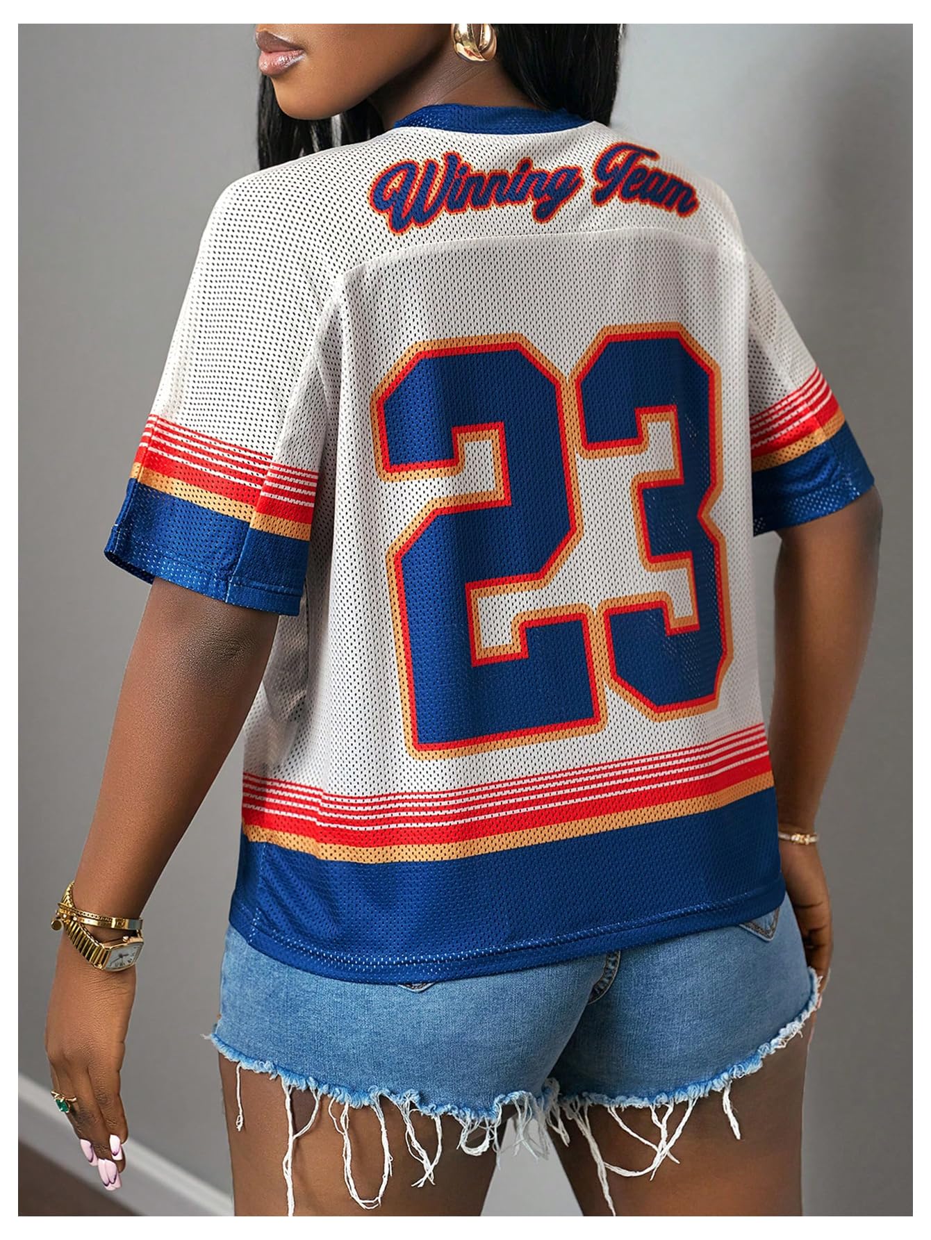 MakeMeChic Women's Jersey Shirts Number Graphic Oversized Y2K Tee Tops White Orange X-Small