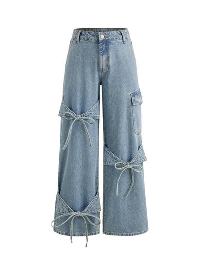 CIDER Baggy Jeans for Women Low Waisted Wide Straight Leg Bow Jeans Denim Pants Beige