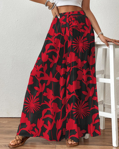 Bsubseach Wide Leg Pants Woman Flowy Floral Palazzo Pants for Women High Waisted Summer Casual Trousers Cruise Outfits Dark Green XS