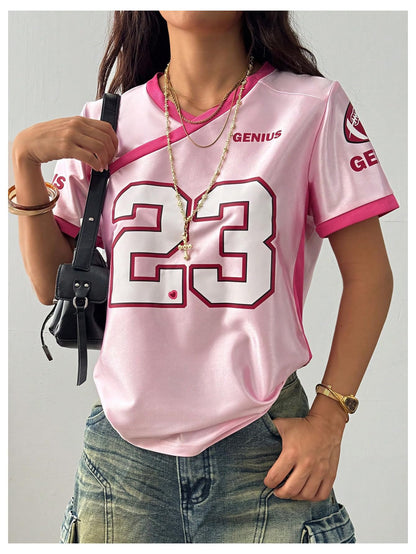 MakeMeChic Women's Jersey Shirts Number Graphic Oversized Y2K Tee Tops White Orange X-Small