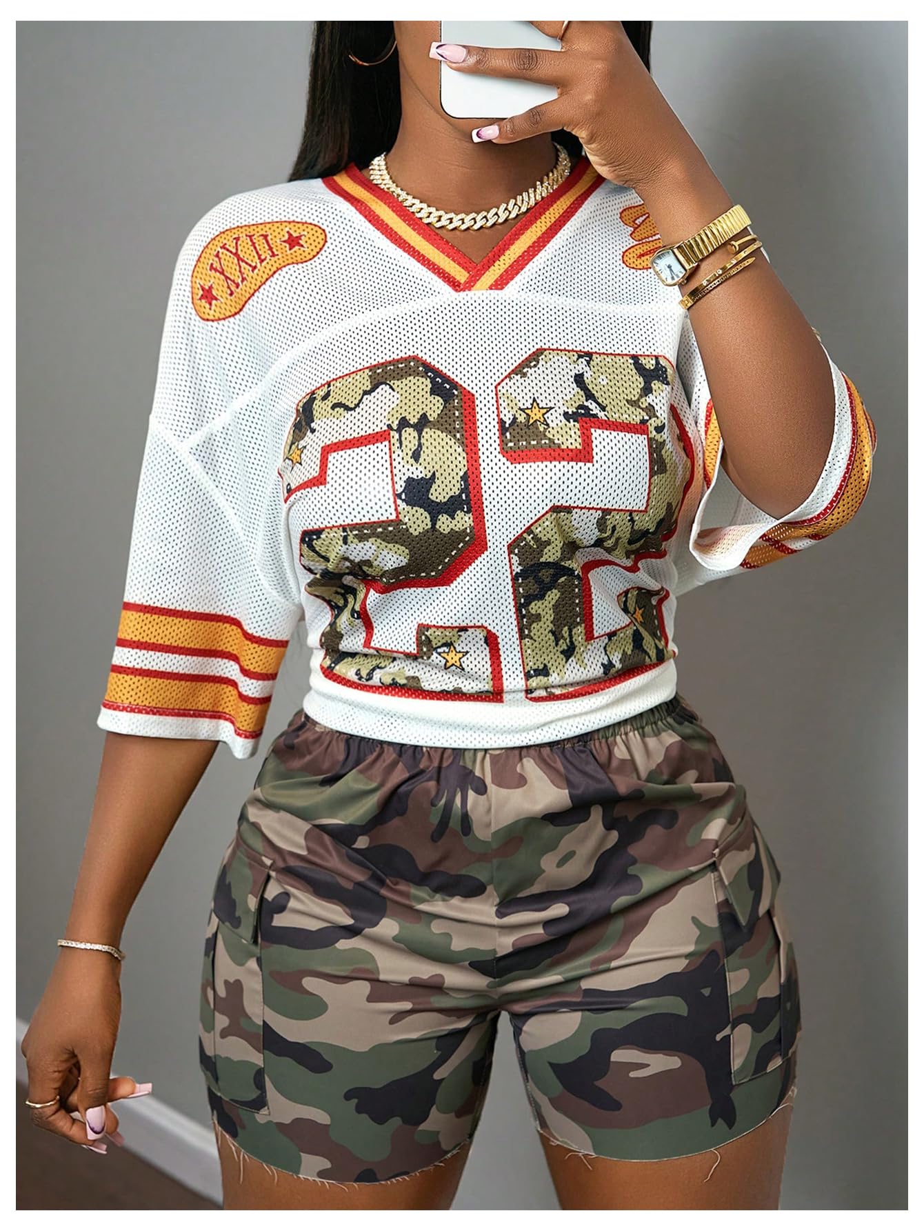 MakeMeChic Women's Jersey Shirts Number Graphic Oversized Y2K Tee Tops White Orange X-Small