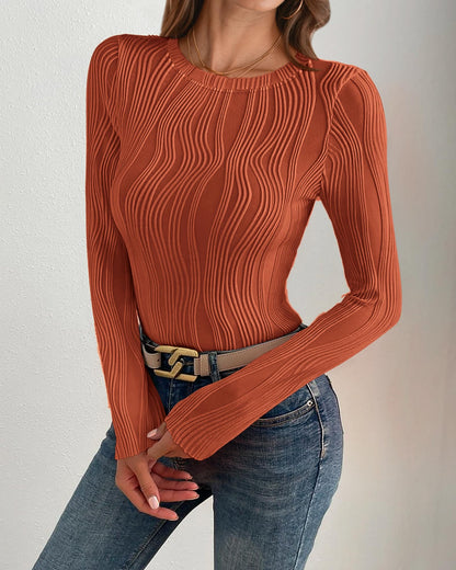 PRETTYGARDEN Women's Tops 2025 Spring Fashion Long Sleeve Crewneck Blouses Slim Fit Shirts Textured Knit Basic T Shirts(Khaki,Large)