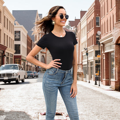 MLYENX 5 Pack Body Suits for Womens Short Sleeve Round Neck Casual Stretchy Basic T Shirt Bodysuit Tops