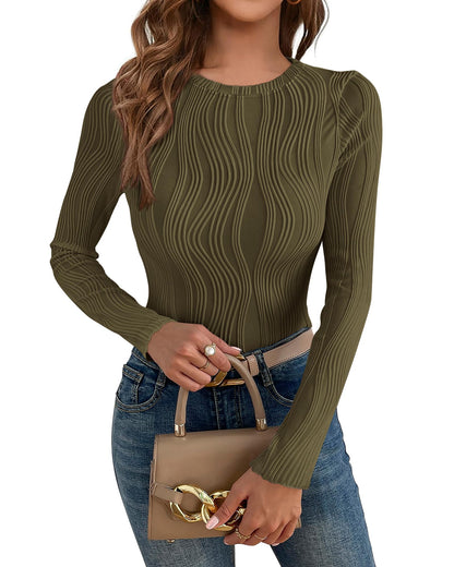 PRETTYGARDEN Women's Tops 2025 Spring Fashion Long Sleeve Crewneck Blouses Slim Fit Shirts Textured Knit Basic T Shirts(Khaki,Large)