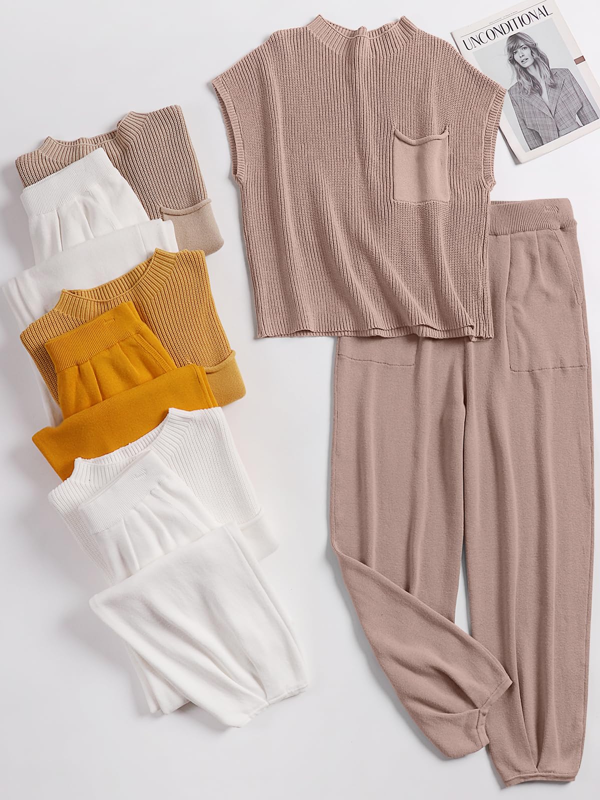 ANRABESS Women's Two Piece Outfits Knit Sweater Vest Crop Top Pants Lounge Matching Tracksuit Sweatsuit Travel Clothes Sets Pink X-Small