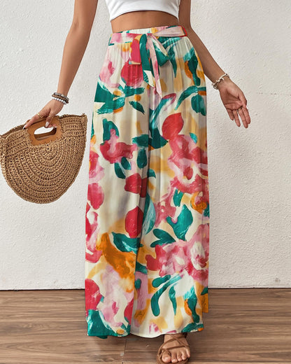 Bsubseach Wide Leg Pants Woman Flowy Floral Palazzo Pants for Women High Waisted Summer Casual Trousers Cruise Outfits Dark Green XS