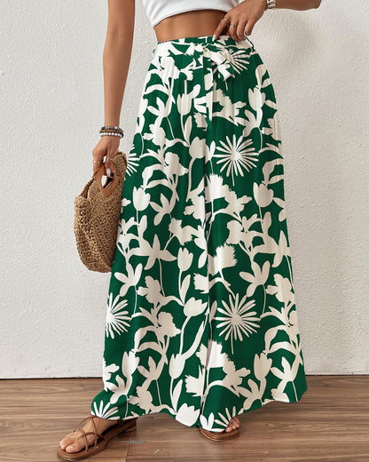 Bsubseach Wide Leg Pants Woman Flowy Floral Palazzo Pants for Women High Waisted Summer Casual Trousers Cruise Outfits Dark Green XS