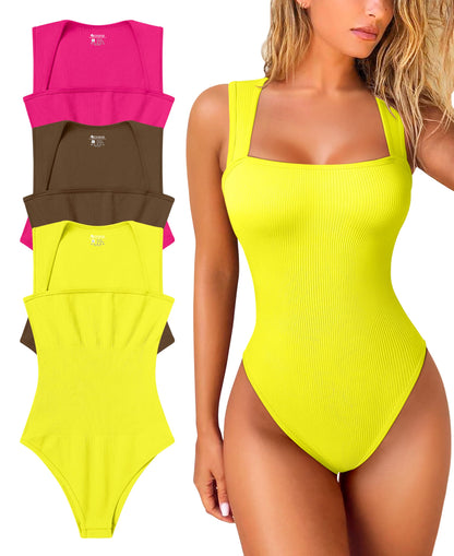 OQQ Women's 3 Piece Bodysuits Sexy Ribbed Strappy Square Neck Sleeveless Tummy Control Tank Tops Bodysuits Black Coffee Beige