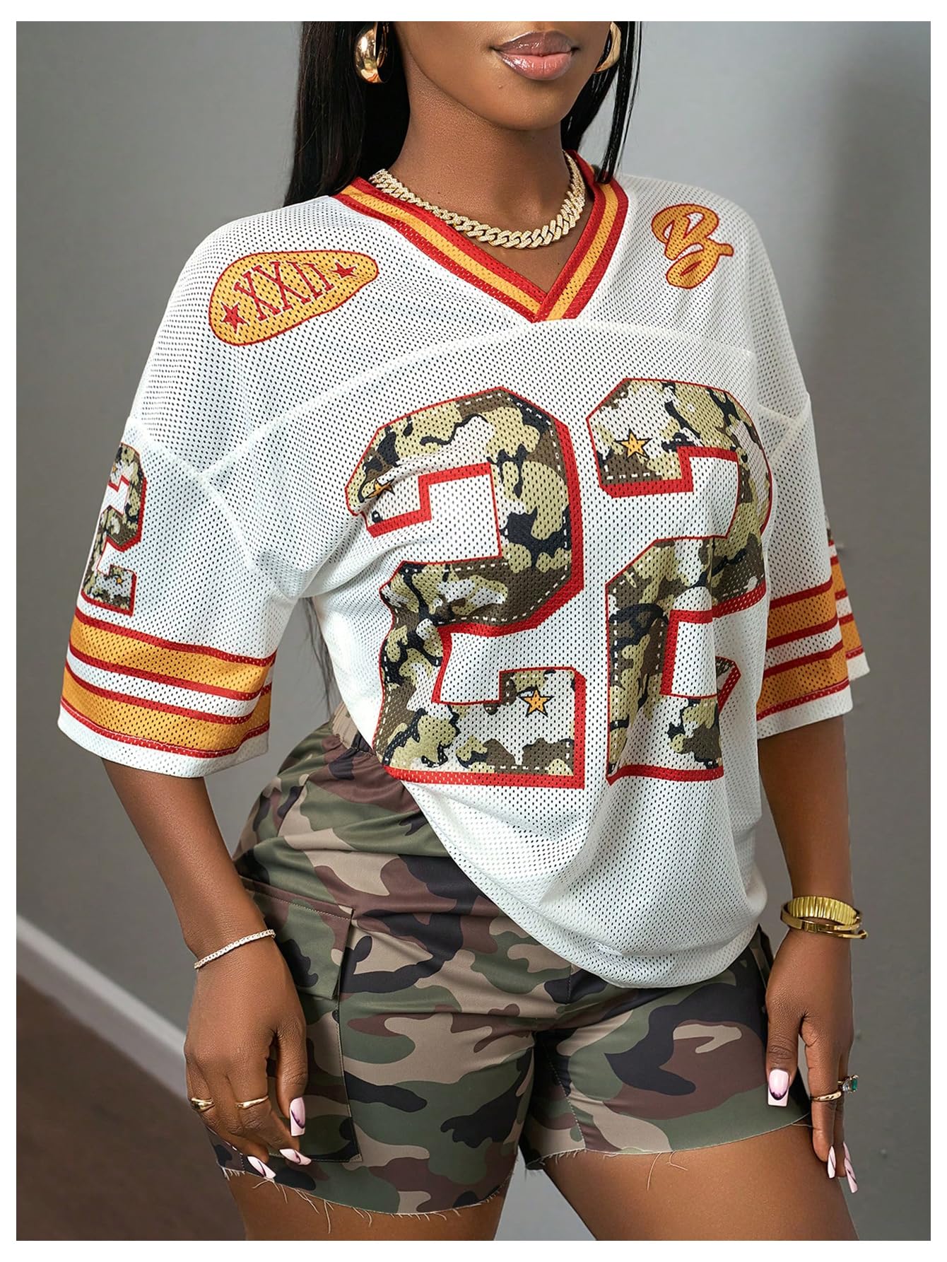 MakeMeChic Women's Jersey Shirts Number Graphic Oversized Y2K Tee Tops White Orange X-Small