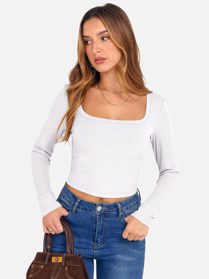 ANRABESS Women's Long Sleeve Crop Top Square Neck Ribbed Slim Fitted Shirts Casual Workout Basic Tees 2025 Fall Y2k Clothes Khaki Small