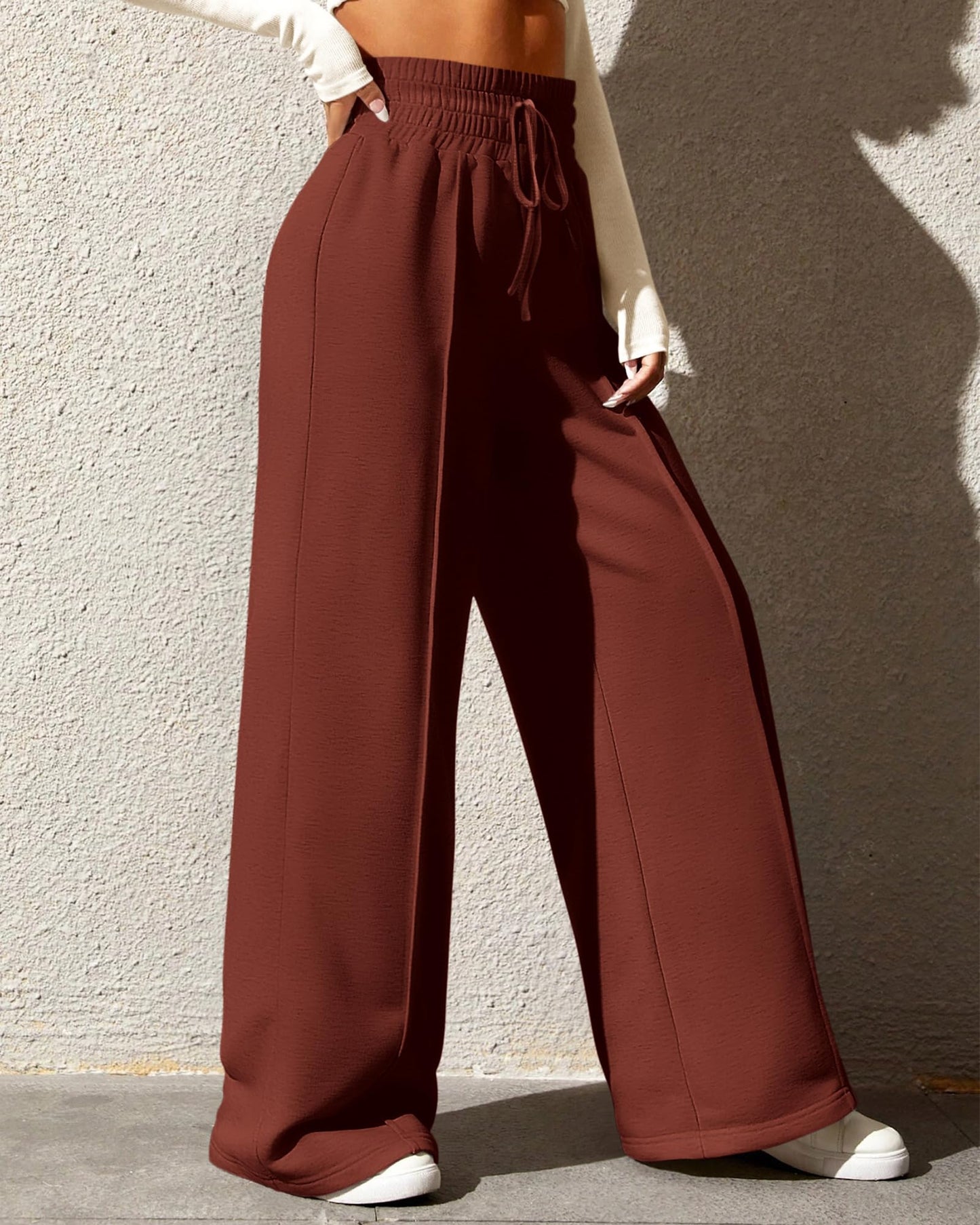 BTFBM Womens Wide Leg Sweatpants Casual Loose Solid Color Pants Comfy Lounge Joggers Baggy Sweatpants Pockets(Solid Brick Red,Small)