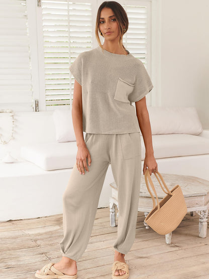 ANRABESS Women's Two Piece Outfits Knit Sweater Vest Crop Top Pants Lounge Matching Tracksuit Sweatsuit Travel Clothes Sets Pink X-Small