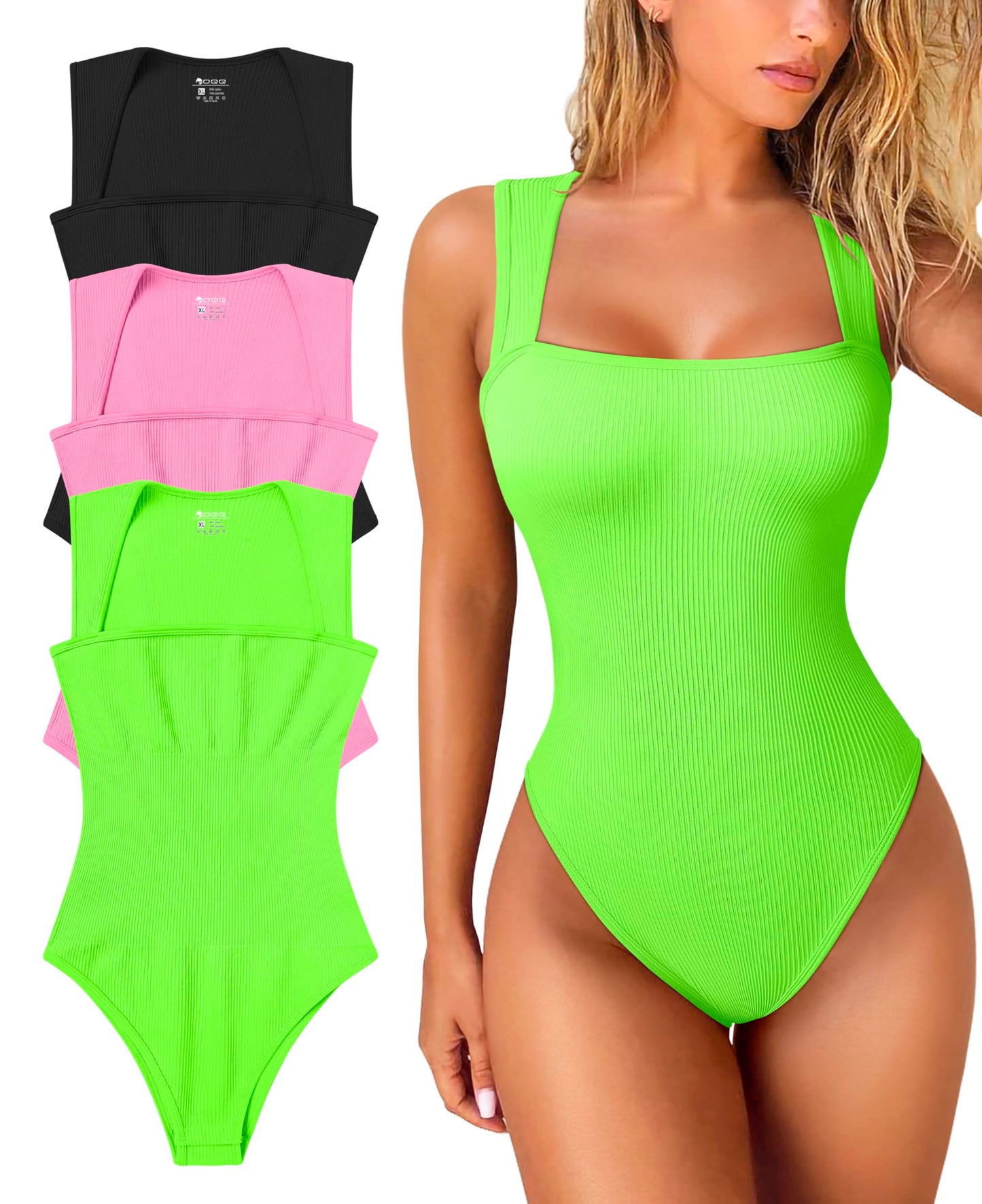 OQQ Women's 3 Piece Bodysuits Sexy Ribbed Strappy Square Neck Sleeveless Tummy Control Tank Tops Bodysuits Black Coffee Beige