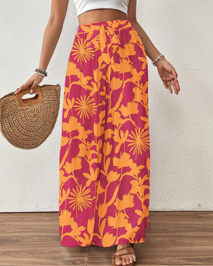 Bsubseach Wide Leg Pants Woman Flowy Floral Palazzo Pants for Women High Waisted Summer Casual Trousers Cruise Outfits Dark Green XS