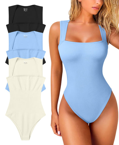 OQQ Women's 3 Piece Bodysuits Sexy Ribbed Strappy Square Neck Sleeveless Tummy Control Tank Tops Bodysuits Black Coffee Beige