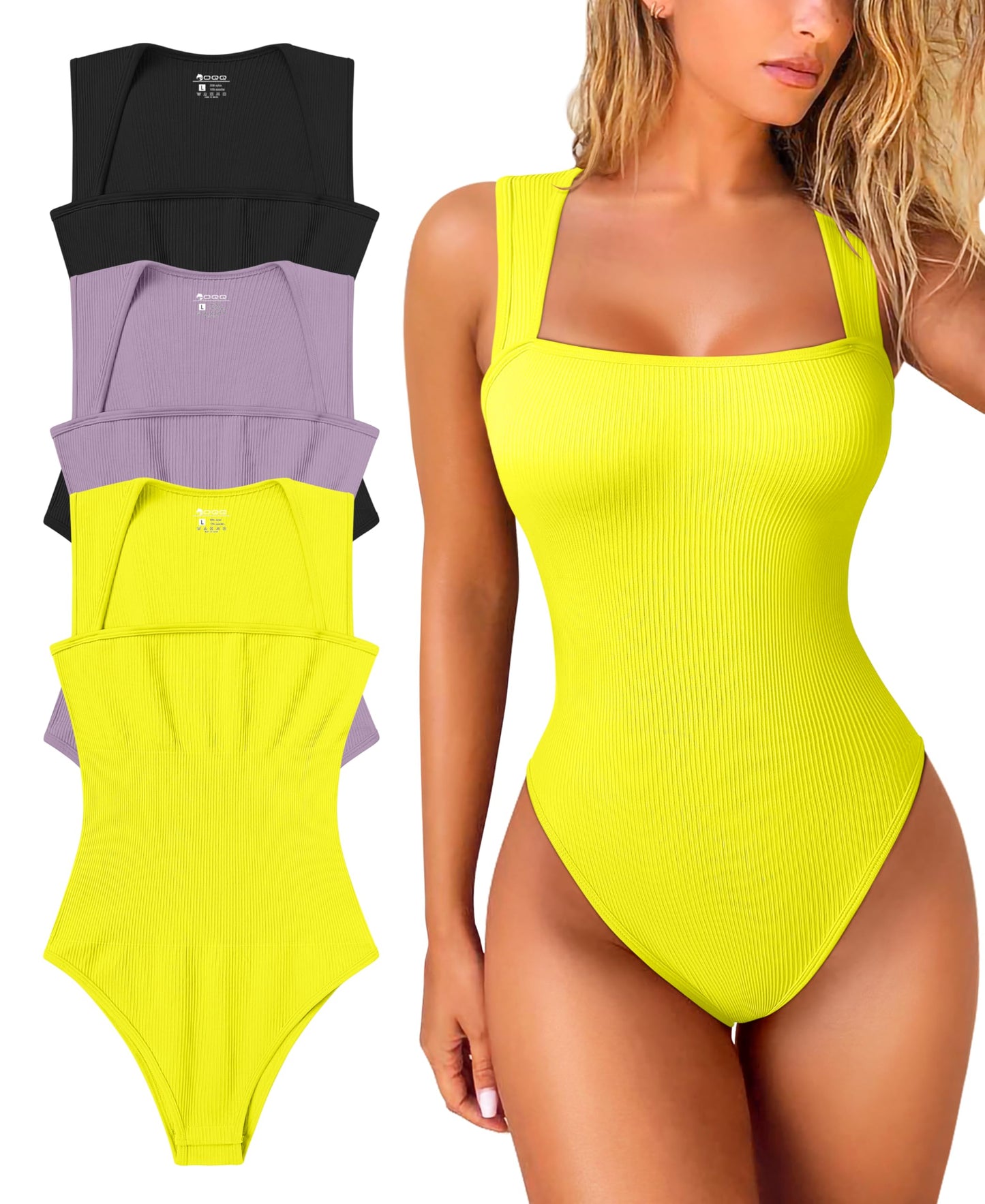 OQQ Women's 3 Piece Bodysuits Sexy Ribbed Strappy Square Neck Sleeveless Tummy Control Tank Tops Bodysuits Black Coffee Beige