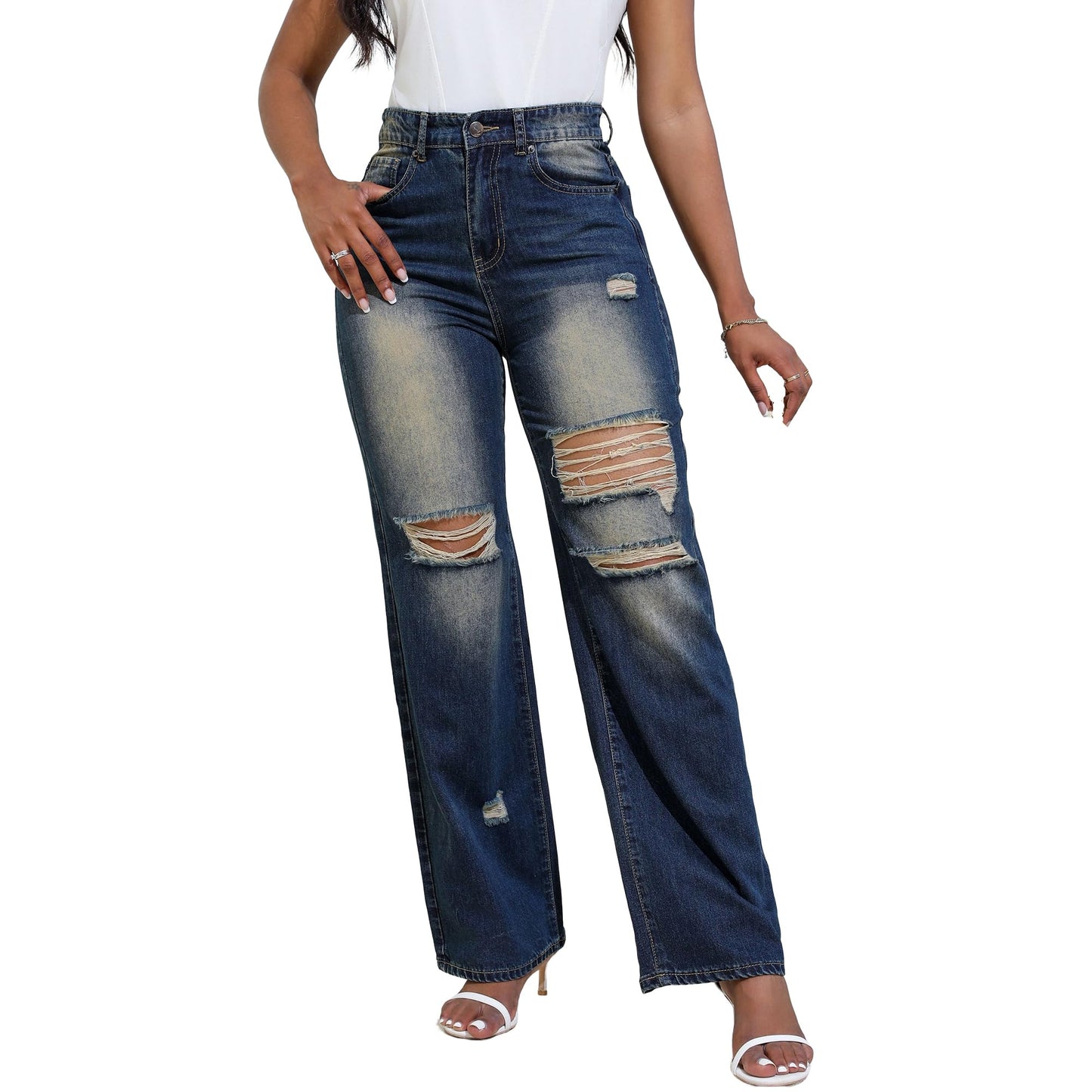 THUNDER STAR Womens High Waisted Wide Leg Jeans Stretchy Distressed Denim Pants Light Blue XXL