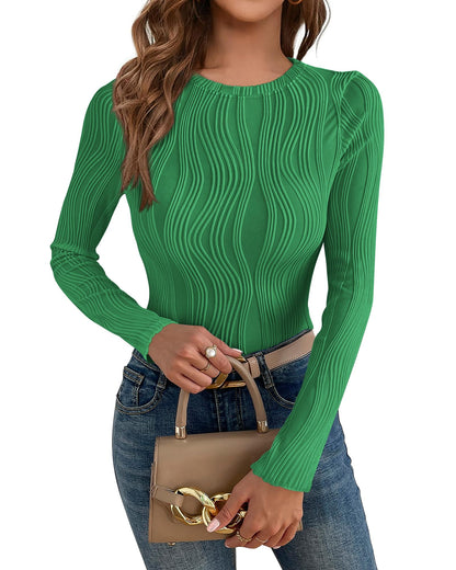 PRETTYGARDEN Women's Tops 2025 Spring Fashion Long Sleeve Crewneck Blouses Slim Fit Shirts Textured Knit Basic T Shirts(Khaki,Large)