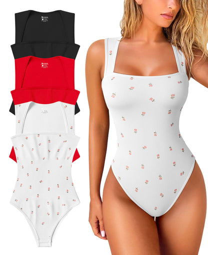 OQQ Women's 3 Piece Bodysuits Sexy Ribbed Strappy Square Neck Sleeveless Tummy Control Tank Tops Bodysuits Black Coffee Beige