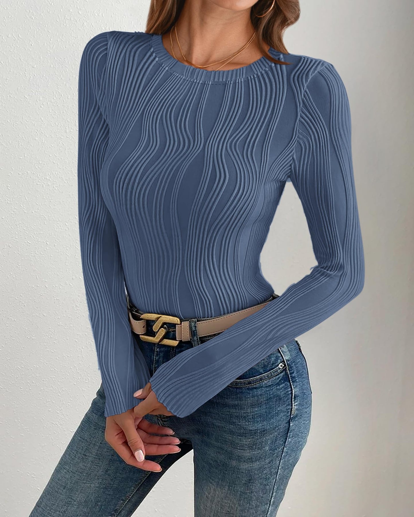 PRETTYGARDEN Women's Tops 2025 Spring Fashion Long Sleeve Crewneck Blouses Slim Fit Shirts Textured Knit Basic T Shirts(Khaki,Large)