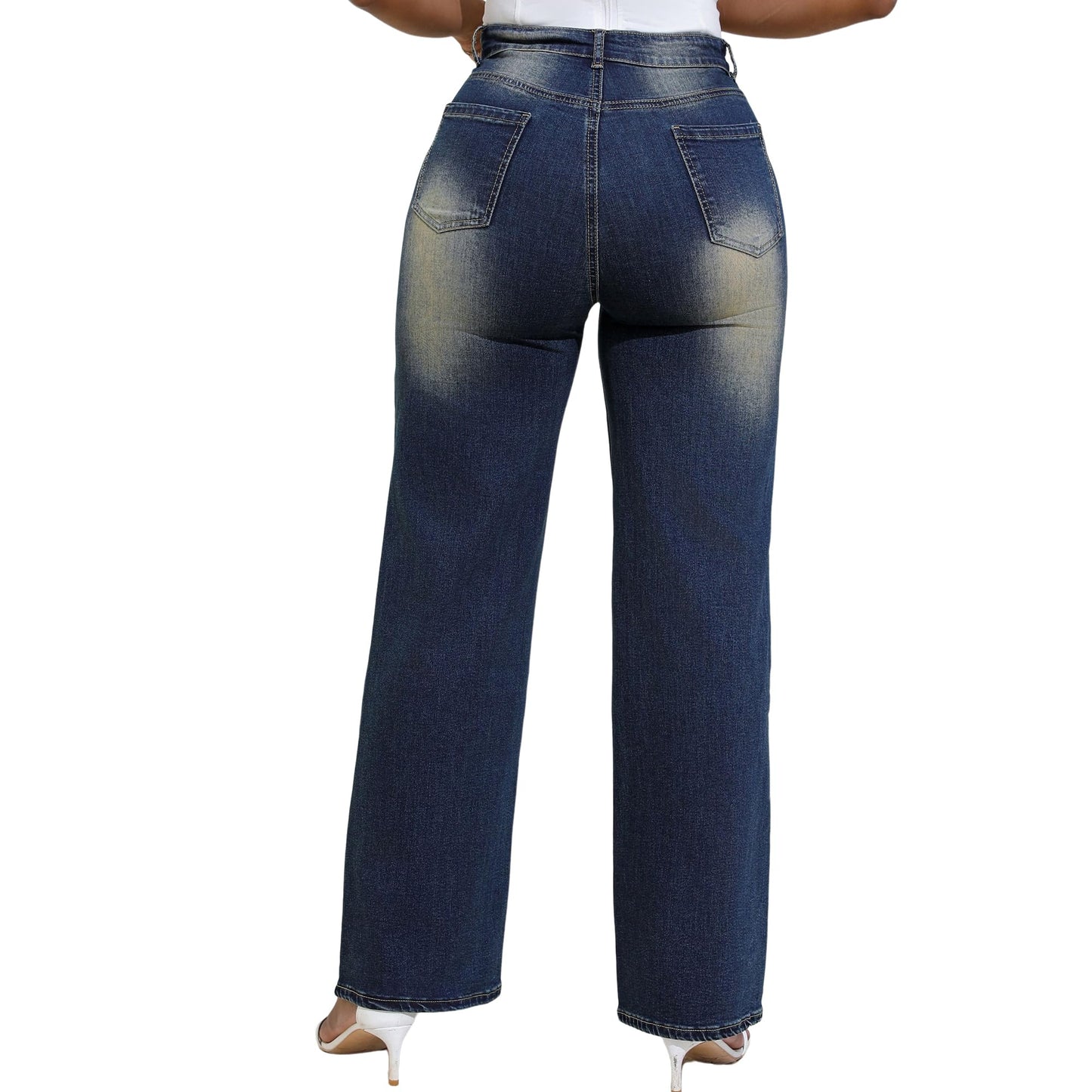 THUNDER STAR Womens High Waisted Wide Leg Jeans Stretchy Distressed Denim Pants Light Blue XXL