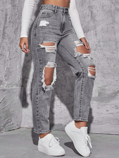 Floerns Women's High Waist Boyfriend Straight Leg Ripped Jeans Distressed Denim Pants Light Blue Large