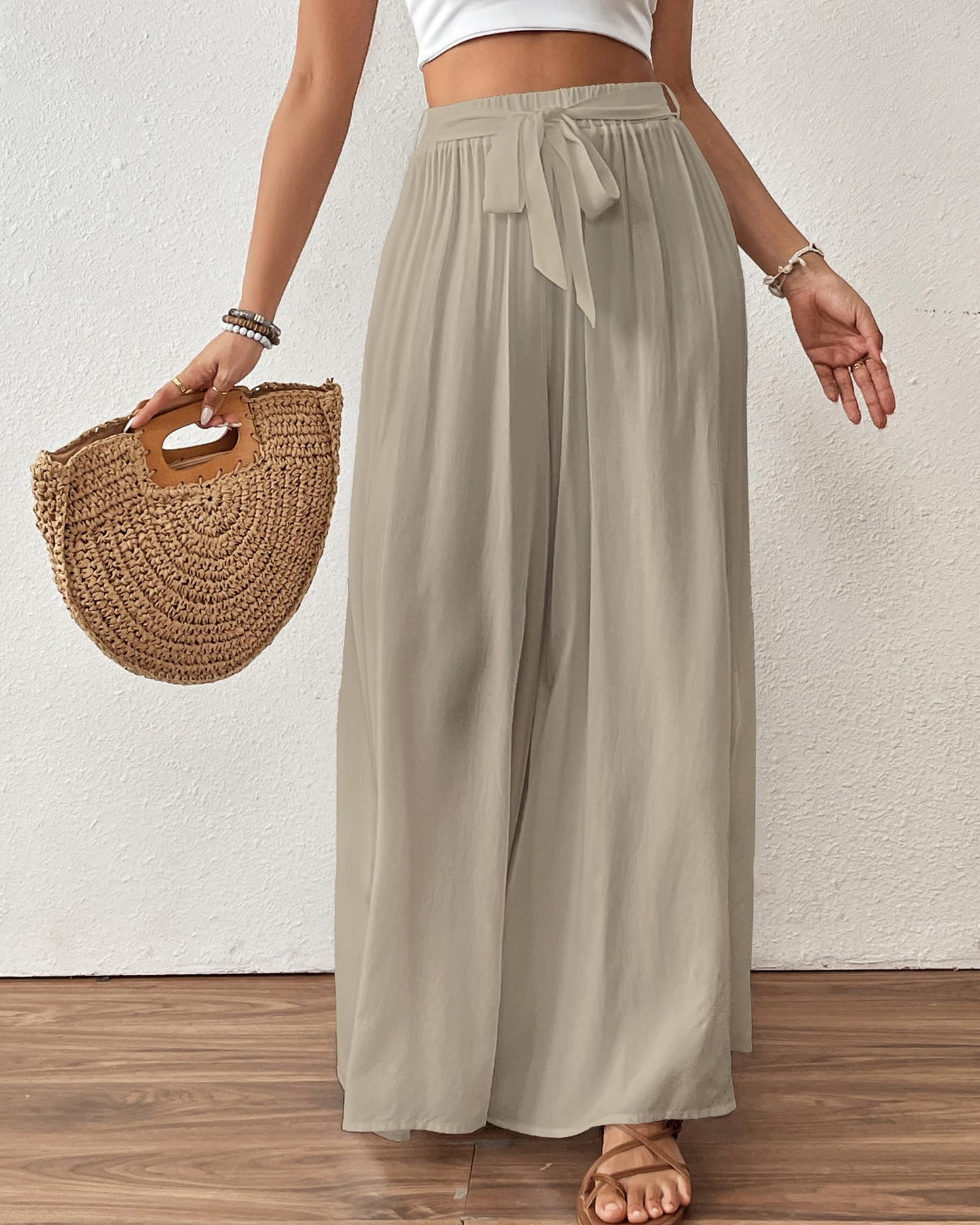 Bsubseach Wide Leg Pants Woman Flowy Floral Palazzo Pants for Women High Waisted Summer Casual Trousers Cruise Outfits Dark Green XS