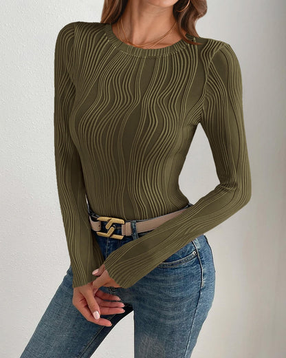 PRETTYGARDEN Women's Tops 2025 Spring Fashion Long Sleeve Crewneck Blouses Slim Fit Shirts Textured Knit Basic T Shirts(Khaki,Large)