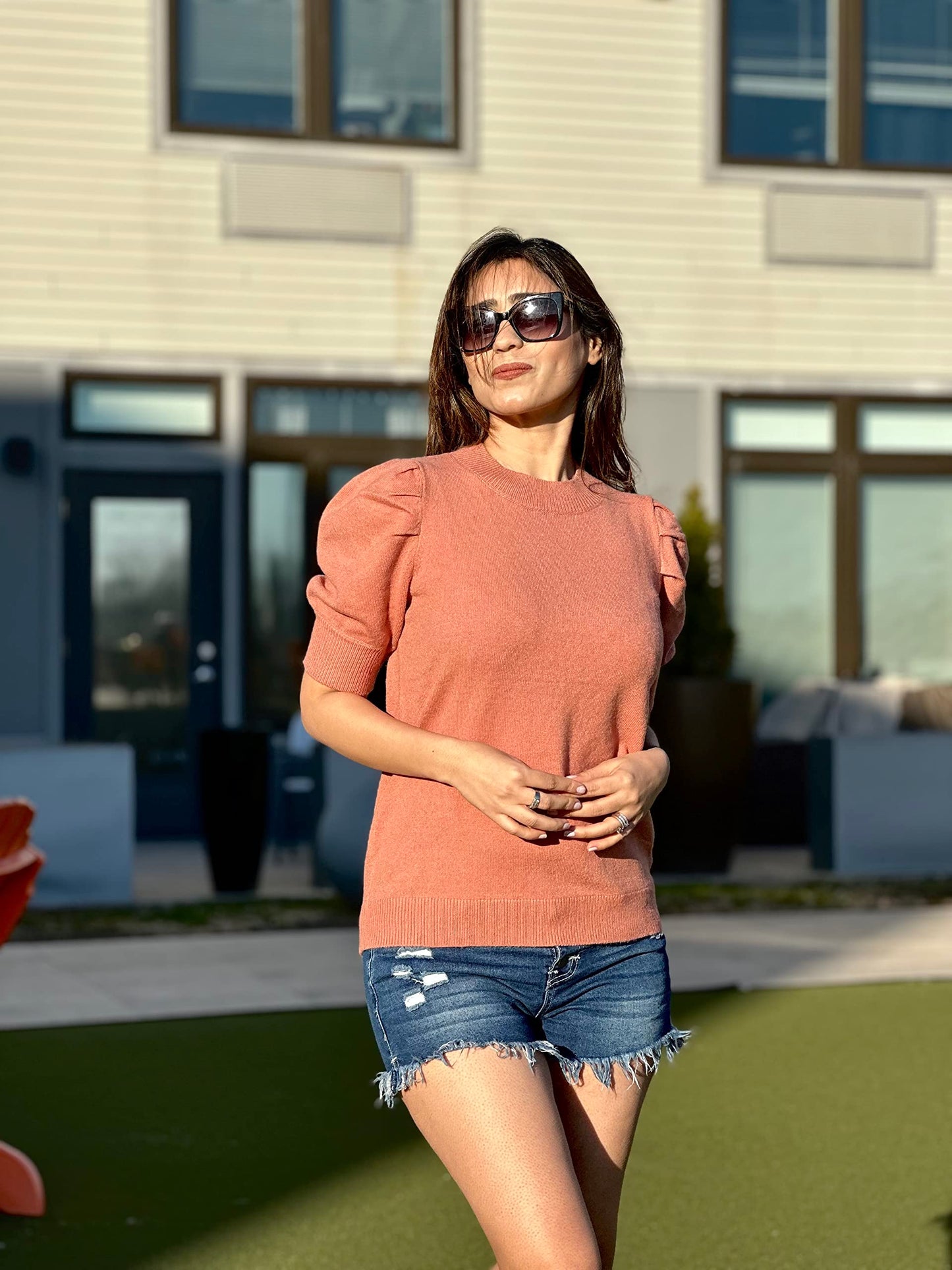 Women's Puff Short Sleeve Sweater Tops 2025 Spring Summer Trendy Crew Neck Casual T Shirts Blouses Beige