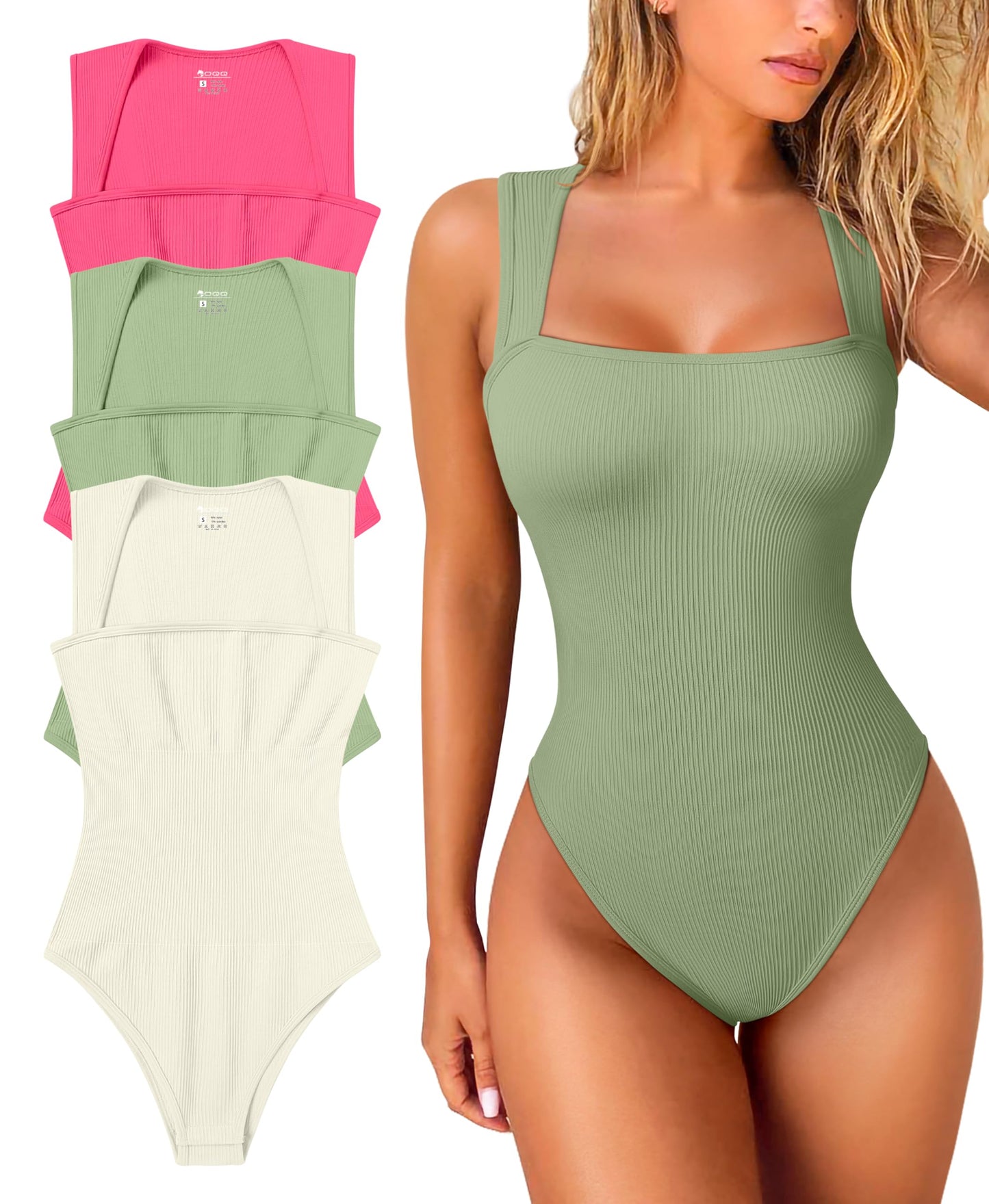 OQQ Women's 3 Piece Bodysuits Sexy Ribbed Strappy Square Neck Sleeveless Tummy Control Tank Tops Bodysuits Black Coffee Beige