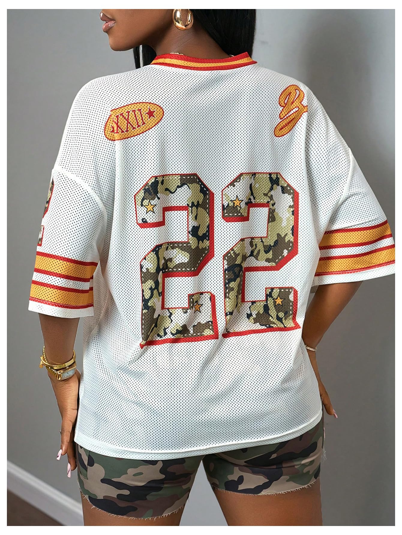 MakeMeChic Women's Jersey Shirts Number Graphic Oversized Y2K Tee Tops White Orange X-Small