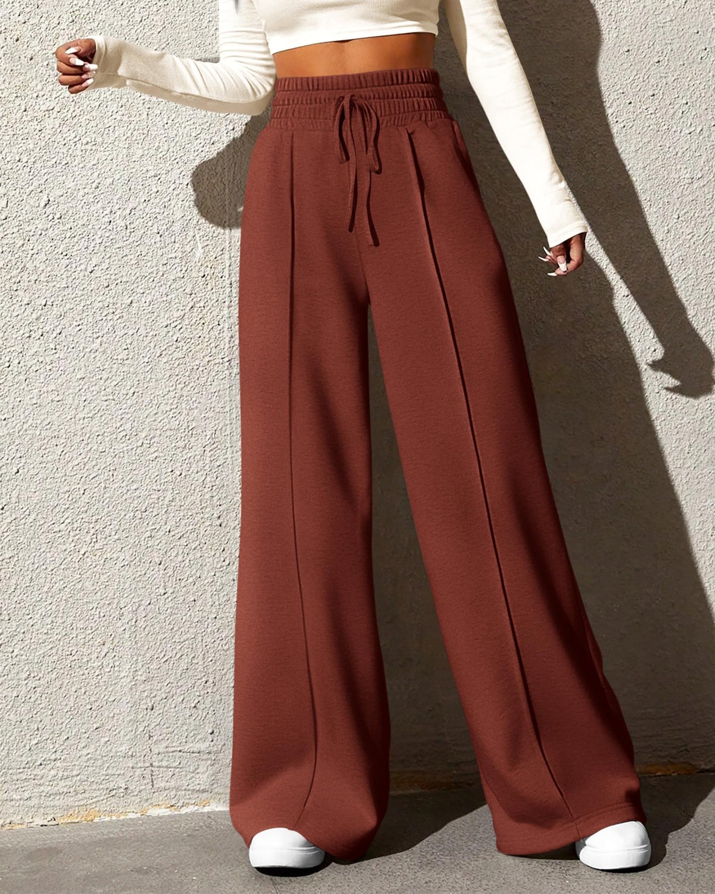 BTFBM Womens Wide Leg Sweatpants Casual Loose Solid Color Pants Comfy Lounge Joggers Baggy Sweatpants Pockets(Solid Brick Red,Small)