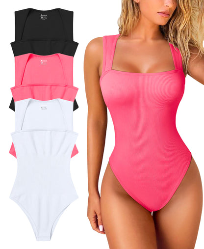 OQQ Women's 3 Piece Bodysuits Sexy Ribbed Strappy Square Neck Sleeveless Tummy Control Tank Tops Bodysuits Black Coffee Beige