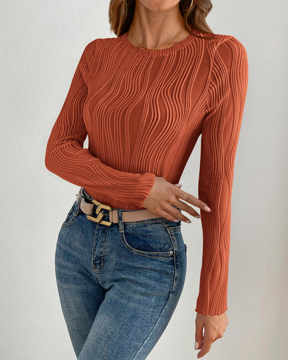 PRETTYGARDEN Women's Tops 2025 Spring Fashion Long Sleeve Crewneck Blouses Slim Fit Shirts Textured Knit Basic T Shirts(Khaki,Large)