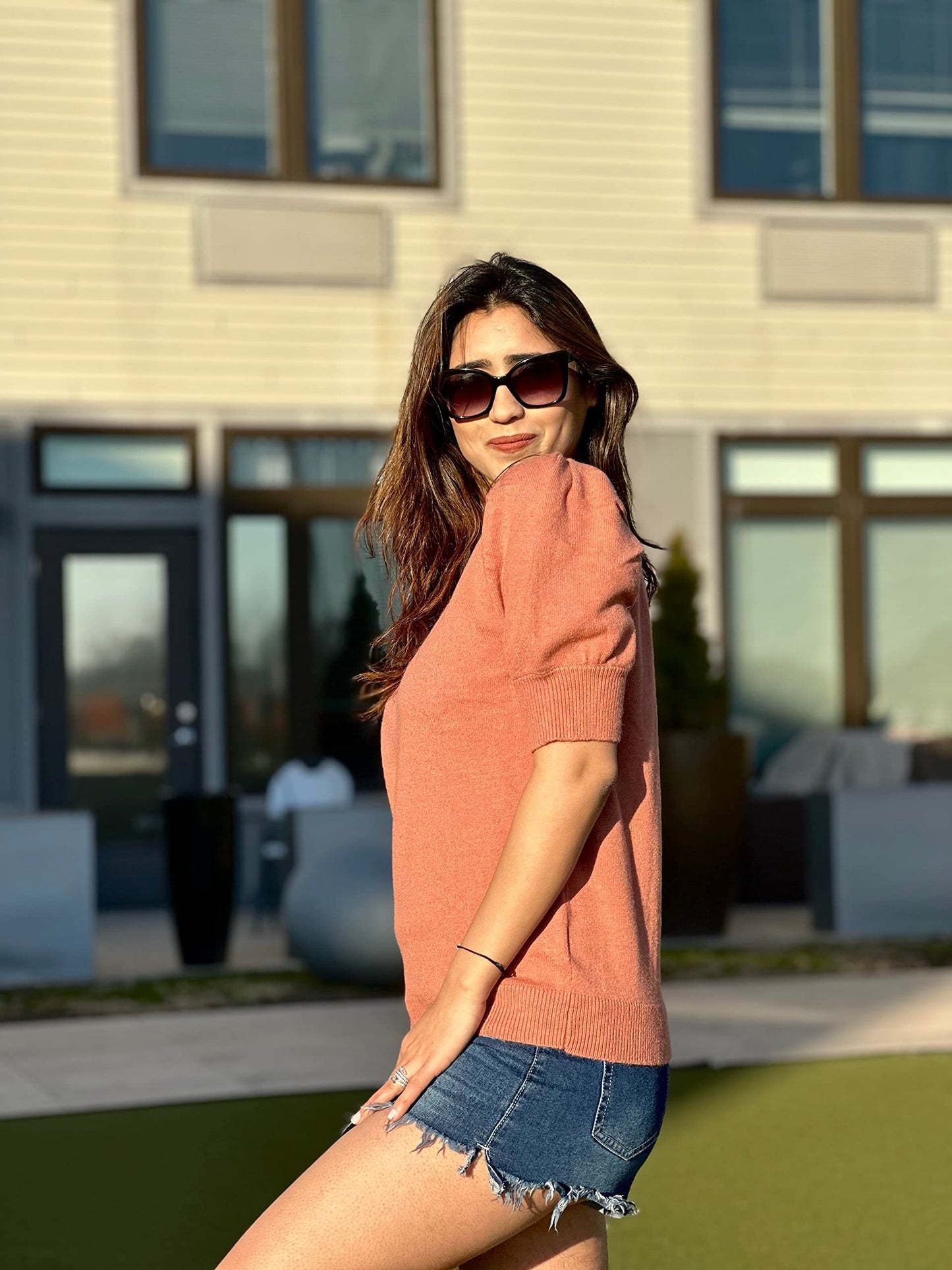 Women's Puff Short Sleeve Sweater Tops 2025 Spring Summer Trendy Crew Neck Casual T Shirts Blouses Beige