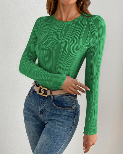 PRETTYGARDEN Women's Tops 2025 Spring Fashion Long Sleeve Crewneck Blouses Slim Fit Shirts Textured Knit Basic T Shirts(Khaki,Large)